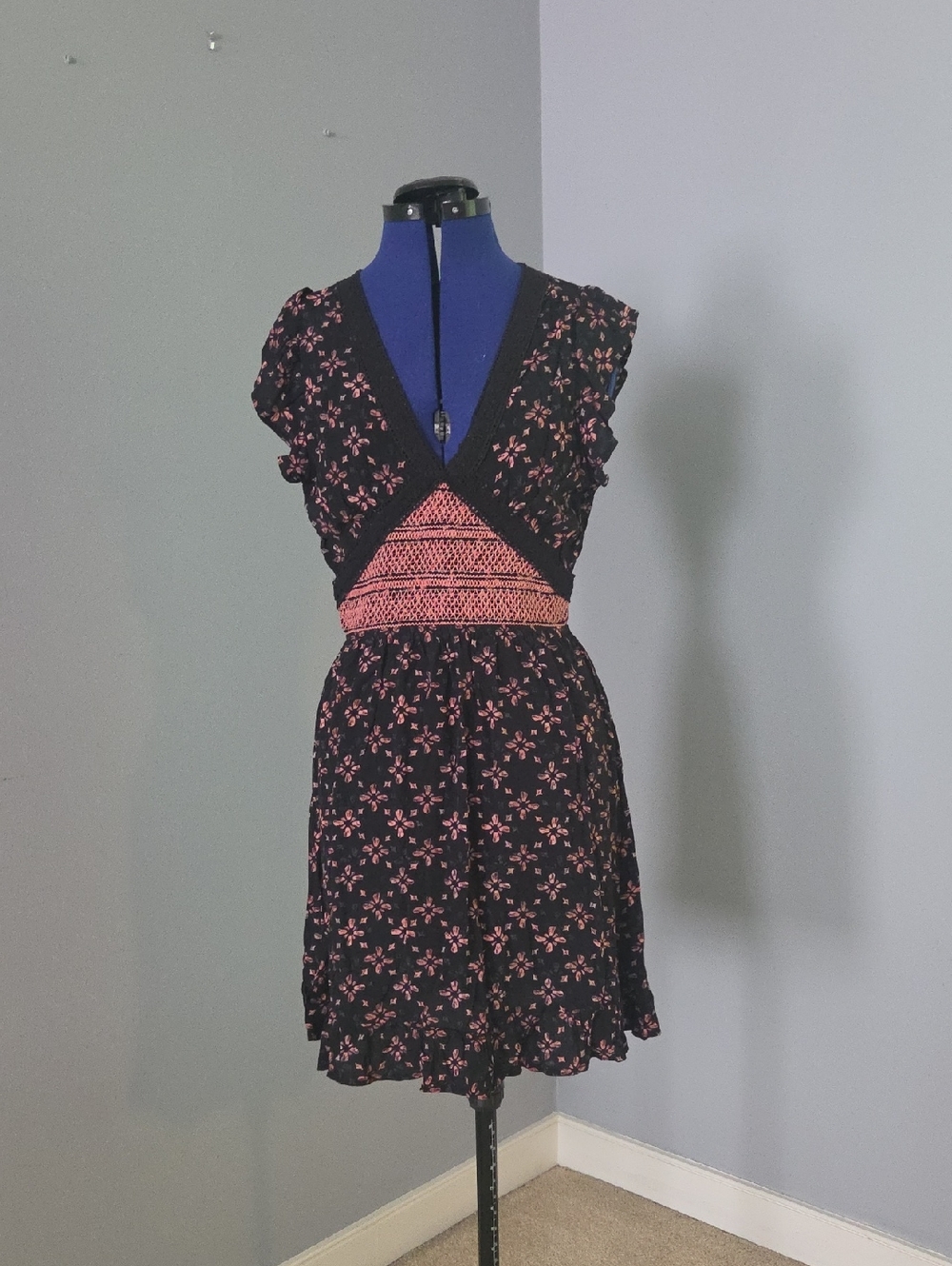 Eyeshadow Black Dress with Pink Floral Print and Smocked Waist